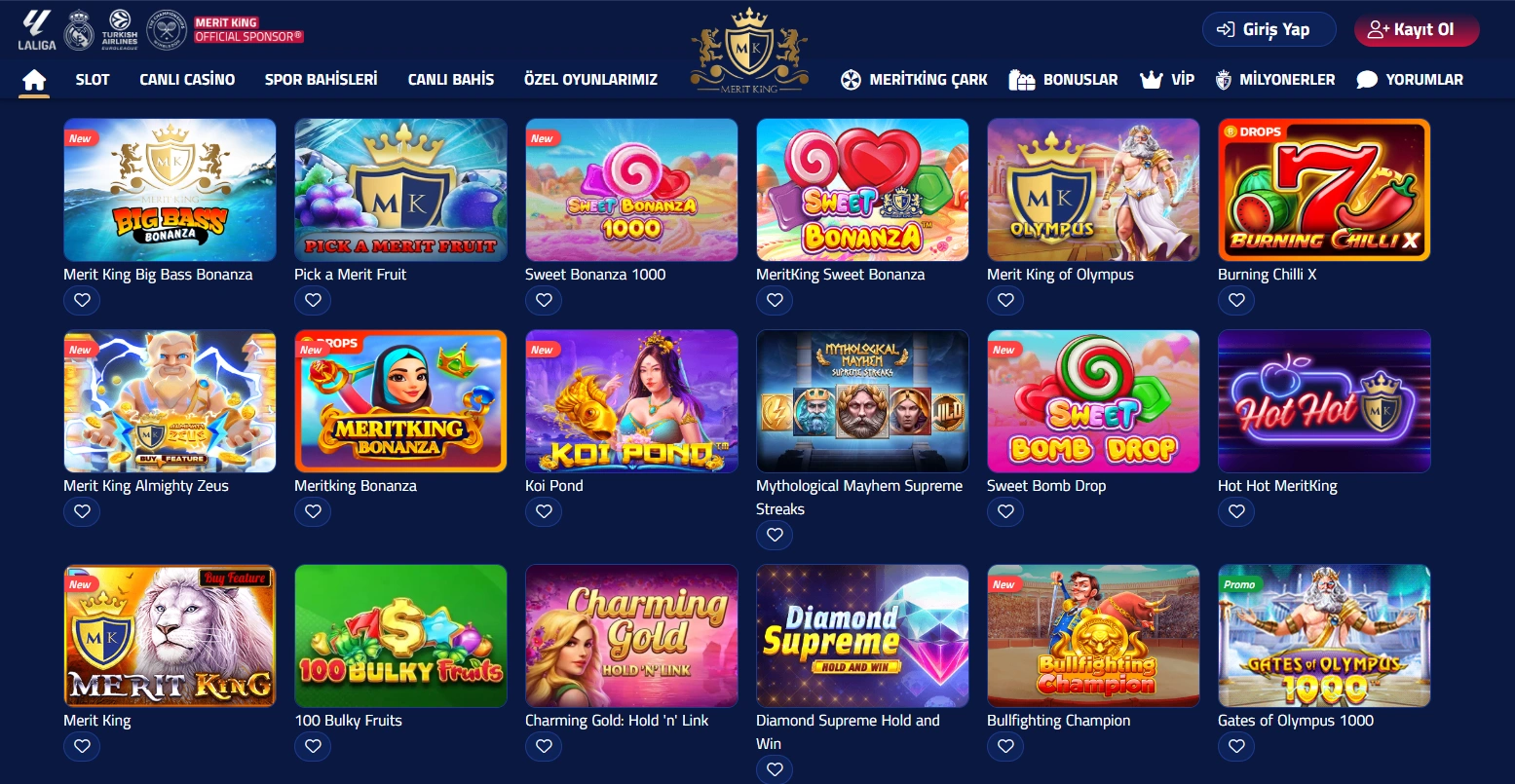Meritking casino'da giriş sonrası oyunlar ve bahisler